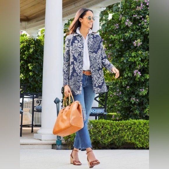 J McLaughlin Hester Raffia Palm Leaf Jacket navy blue women’s size small - Picture 1 of 11